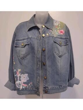Vintage Y2K Embroidered Floral Denim Jean Jacket Size XL